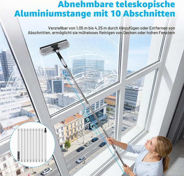 Staubwedel Teleskop 5m mit Teleskopierbarer Verlängerungsstange | 1,5 bis 4,3 m, 3-in-1 Fensterabzie