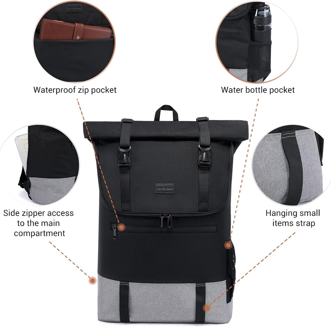 LOVEVOOK Rucksack Damen Herren gross Wasserdichter Laptop Rucksack 17,3 Zoll Rolltop Rucksäcke Schul