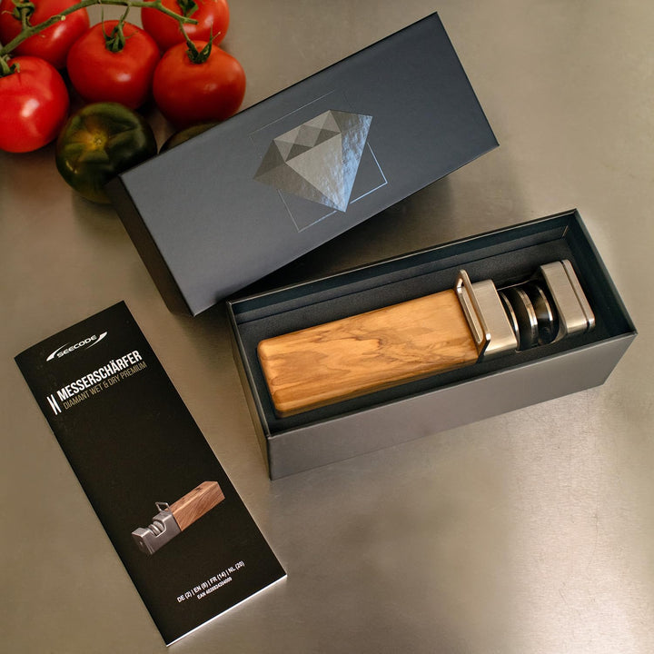 Diamant Messerschärfer Edelstahl&Olivenholz- Handveredelt -Nass&TrockenSchliff-Diamantscheiben austa