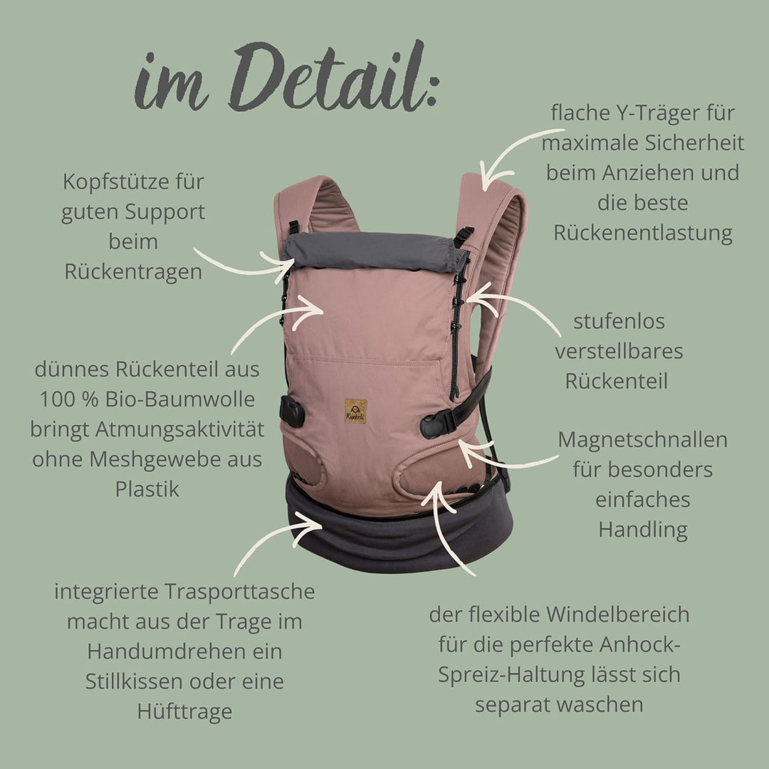 Ruckeli NEO Babytrage, Farbe: Blue Hour – Mit innovativen Magnet-Schnallen & integriertem Hüftsitz –