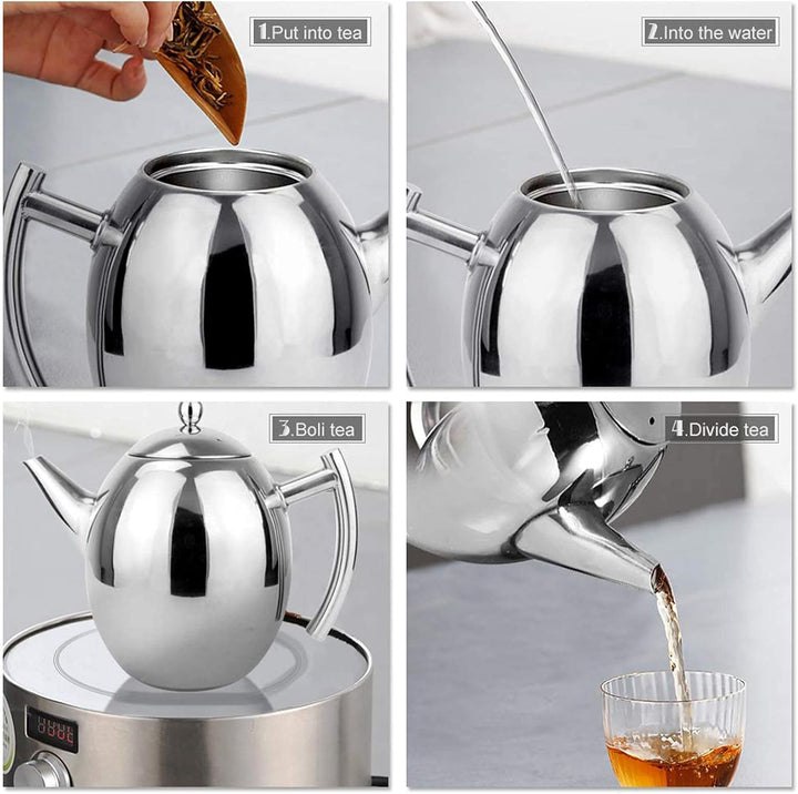 1L Edelstahl Teekanne Silber, Teekanne mit Aufguss für losen Tee Kaffeekanne Teekessel für Herdplatt