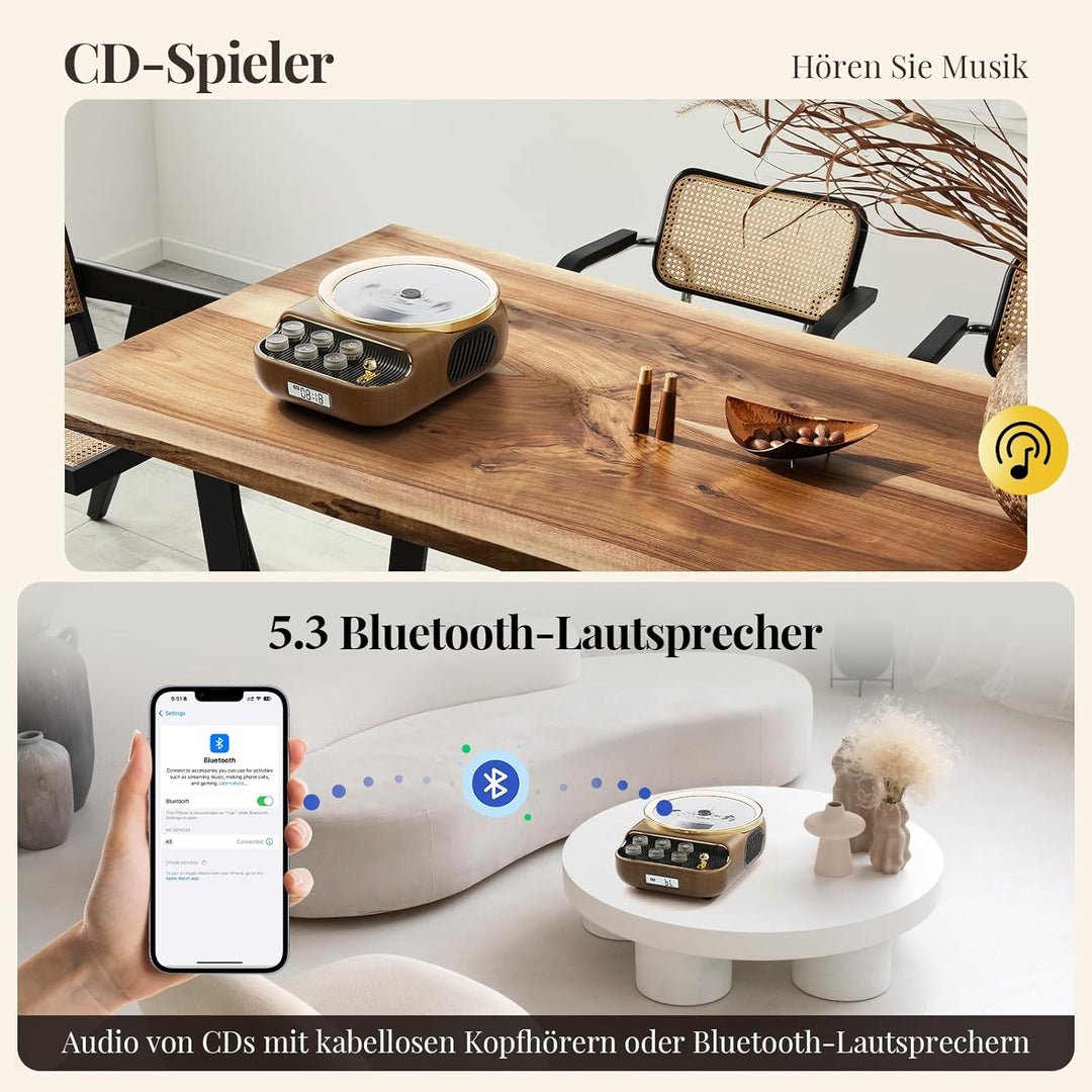 Retro CD Player Tragbar mit Bluetooth 5.3 Lautsprecher HiFi Sound Nachtlicht Staubschutz LED-Bildsch