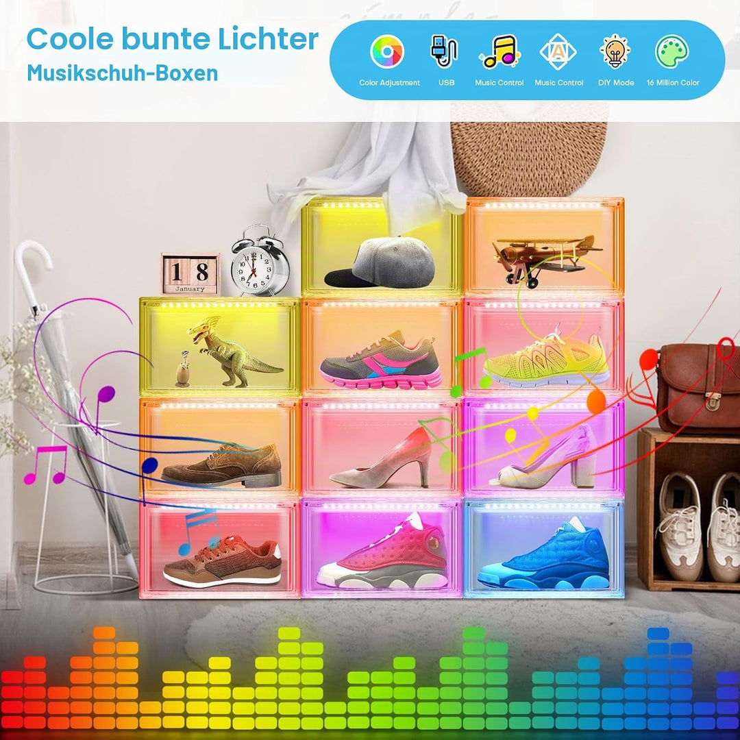 LED Schuhboxen Stapelbar, 2er Set, Schuh-Organizer aus Kunststoff, Schuhaufbewahrung Platzsparend, M