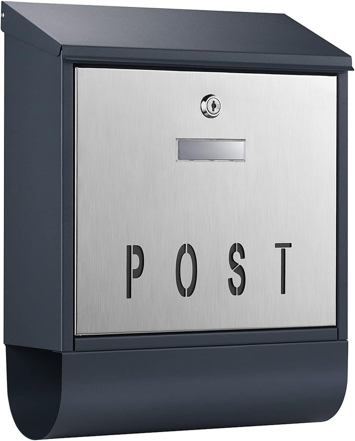 Wiltec Designer Briefkasten V38 Anthrazit und Edelstahl 305 x 105 x 385 mm, Wandbriefkasten mit Schl