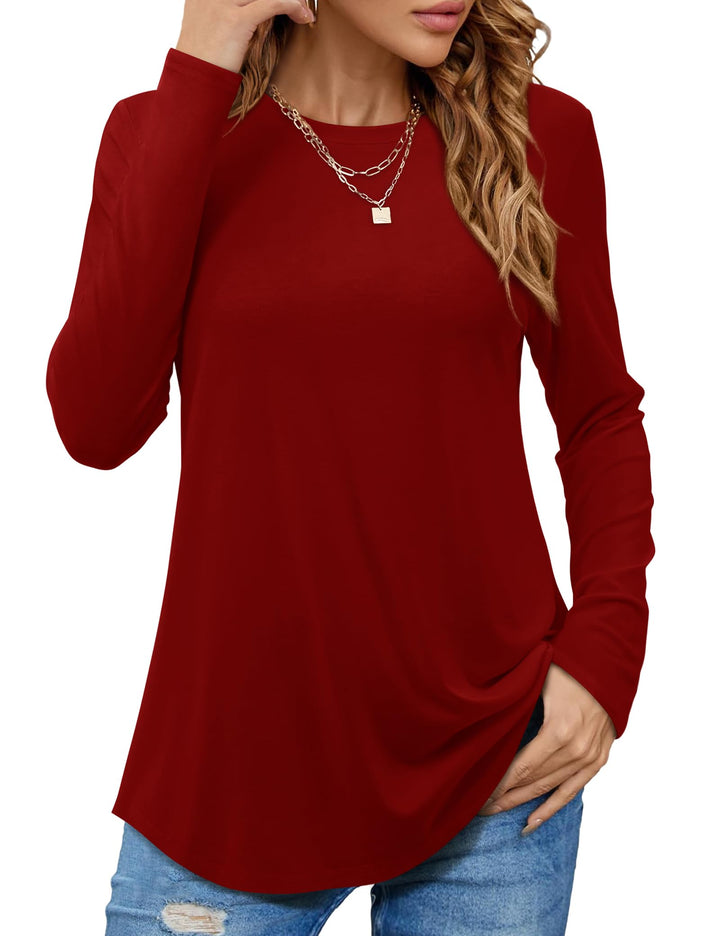 Beluring T-Shirt Damen Lässig Kurzarm/Langarm Oberteile Rundhals Longshirt L Weinrot, L Weinrot