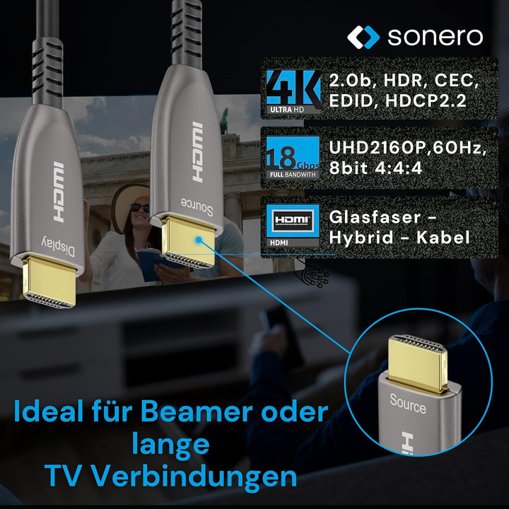 Sonero 20m HDMI Kabel 2.0b, Glasfaser Hybrid, UHD 2160P, 4K60Hz, 4:4:4, HDR, 18Gbps, schwarz 4K HDMI