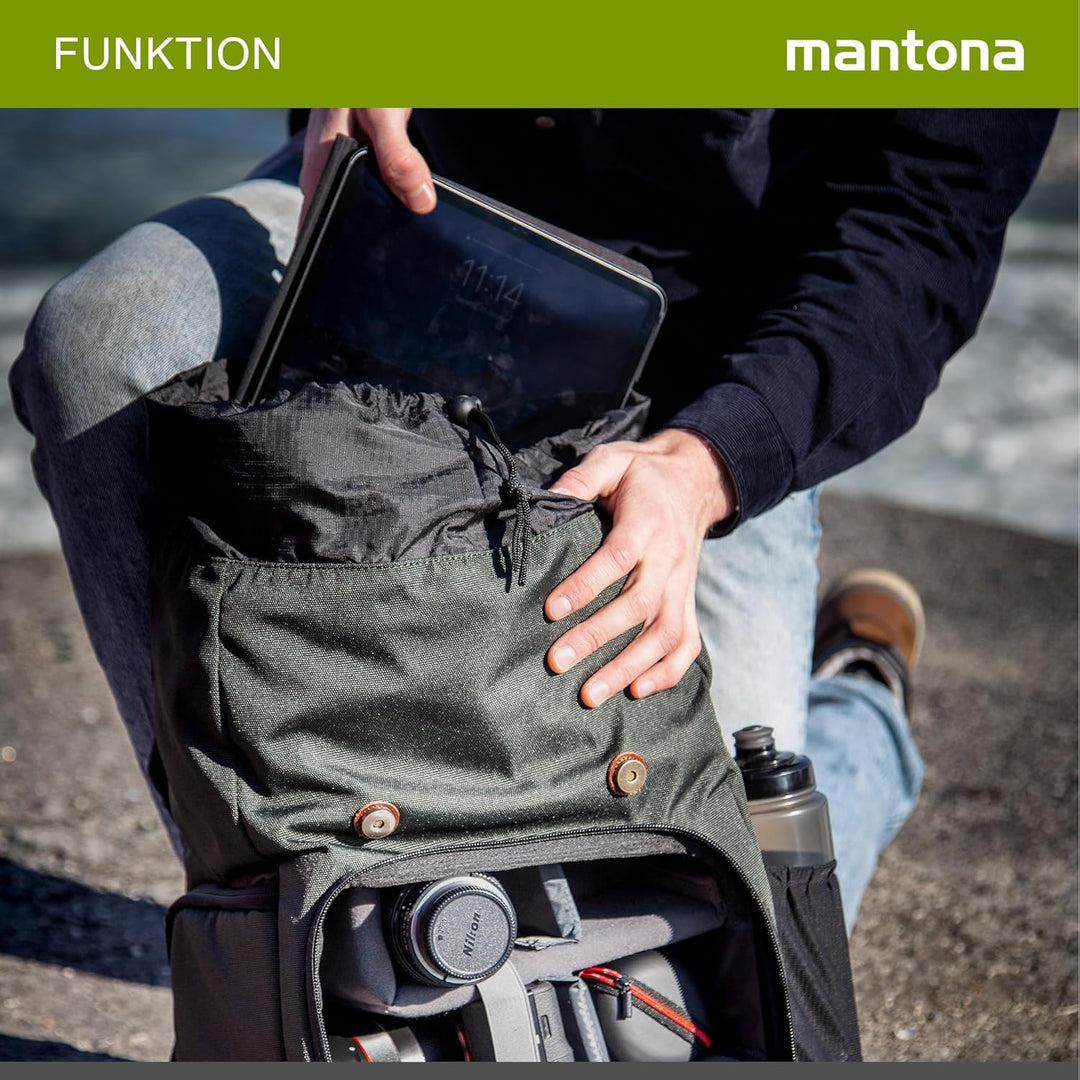 Mantona 21343 Luis Retro Fotorucksack (mit Echtleder-Applikationen, inkl. Regenschutzhülle, flexible