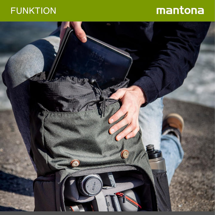 Mantona 21343 Luis Retro Fotorucksack (mit Echtleder-Applikationen, inkl. Regenschutzhülle, flexible