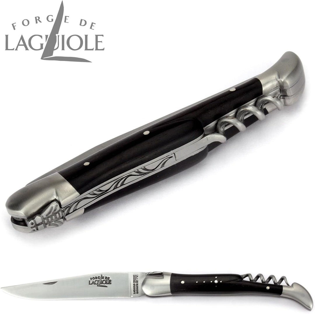Forge de Laguiole Taschenmesser - 12 cm - Griffschalen Ebenholz - Korkenzieher - Klinge 10 cm - Stah