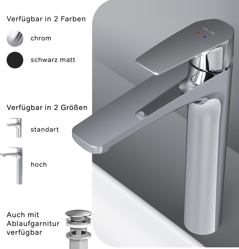 AM.PM GEM FGA92000 Wasserspande Waschtischarmatur Hoch, kratzfester Wassehhahn für Badezimmer, geräu