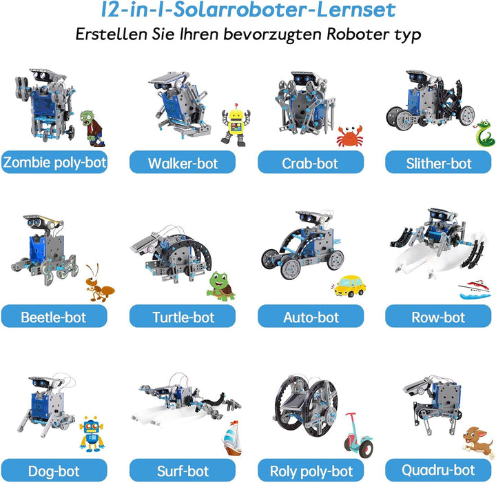 Solar Roboter Spielzeug für Kinder, 12-in-1 Solar Robot Kit DIY Bauspielzeug Experimente Spielzeug B