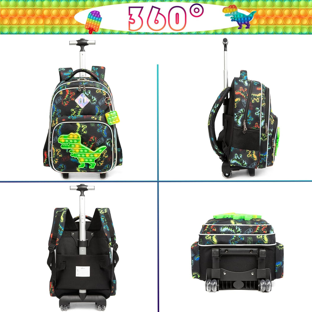 HTgroce Pop it Trolley Rucksack Kinder Jungen, Dinosaurier Kinder Trolley Schultasche mit Rollen Ruc