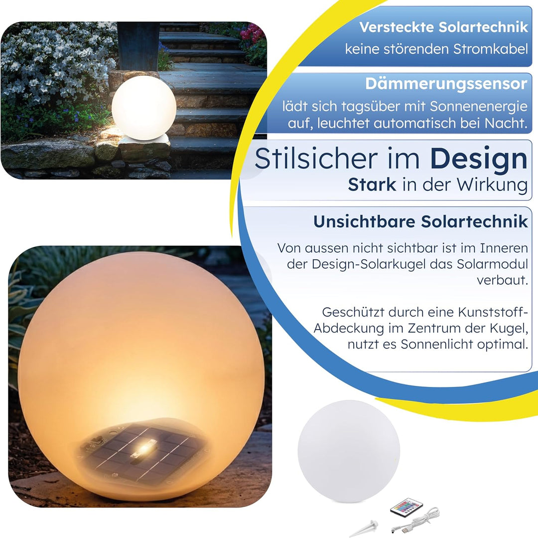 Esotec Solarkugel für den Garten Siena 20, multicolor, 20cm, Fernbedienung, USB, 16 Leuchtfarben, Ak