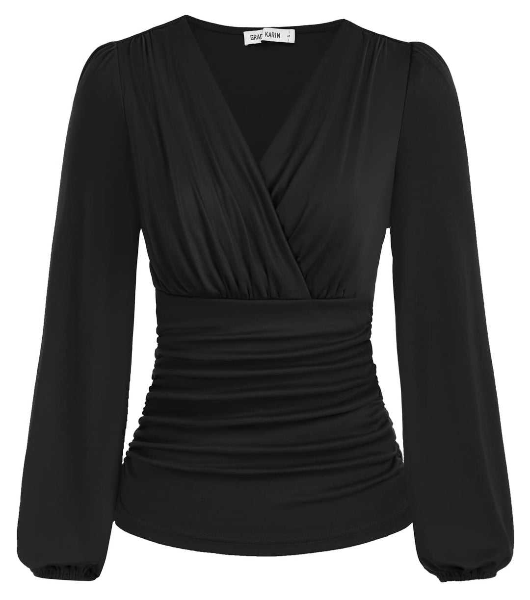 GRACE KARIN Damen V-Ausschnitt Bluse Elegant Wickelbluse Laterne Langarm Slim Fit Plissee-Top Tunika