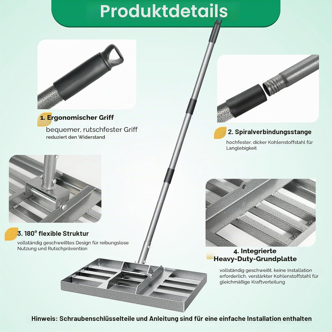Rasen Nivellierrechen 76×26 cm, Heavy-Duty Garten Rasenrakel aus Karbonstahl, vollverschweisste Nive