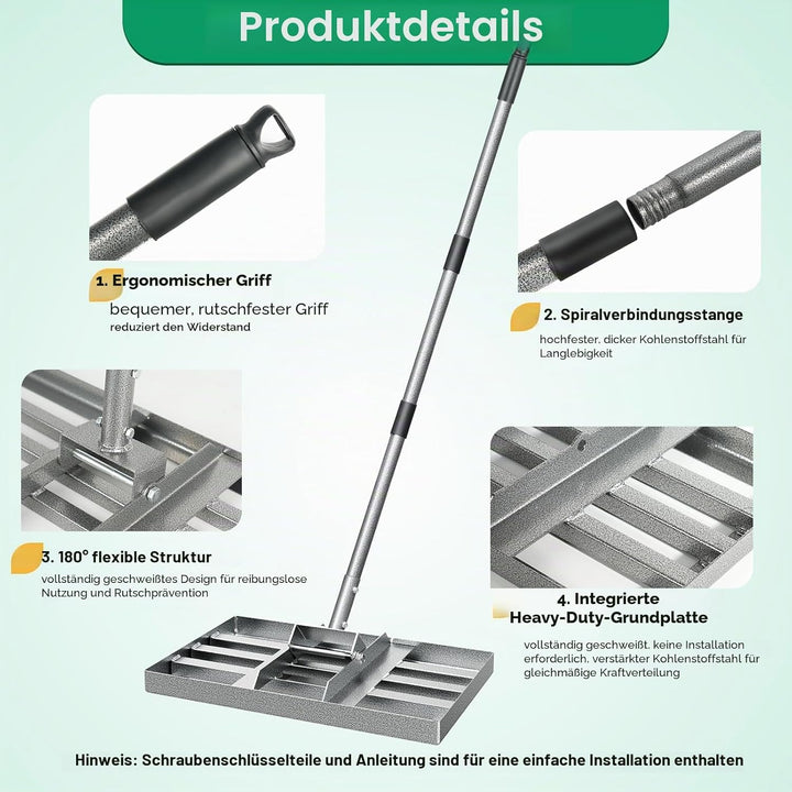 Rasen Nivellierrechen 76×26 cm, Heavy-Duty Garten Rasenrakel aus Karbonstahl, vollverschweisste Nive