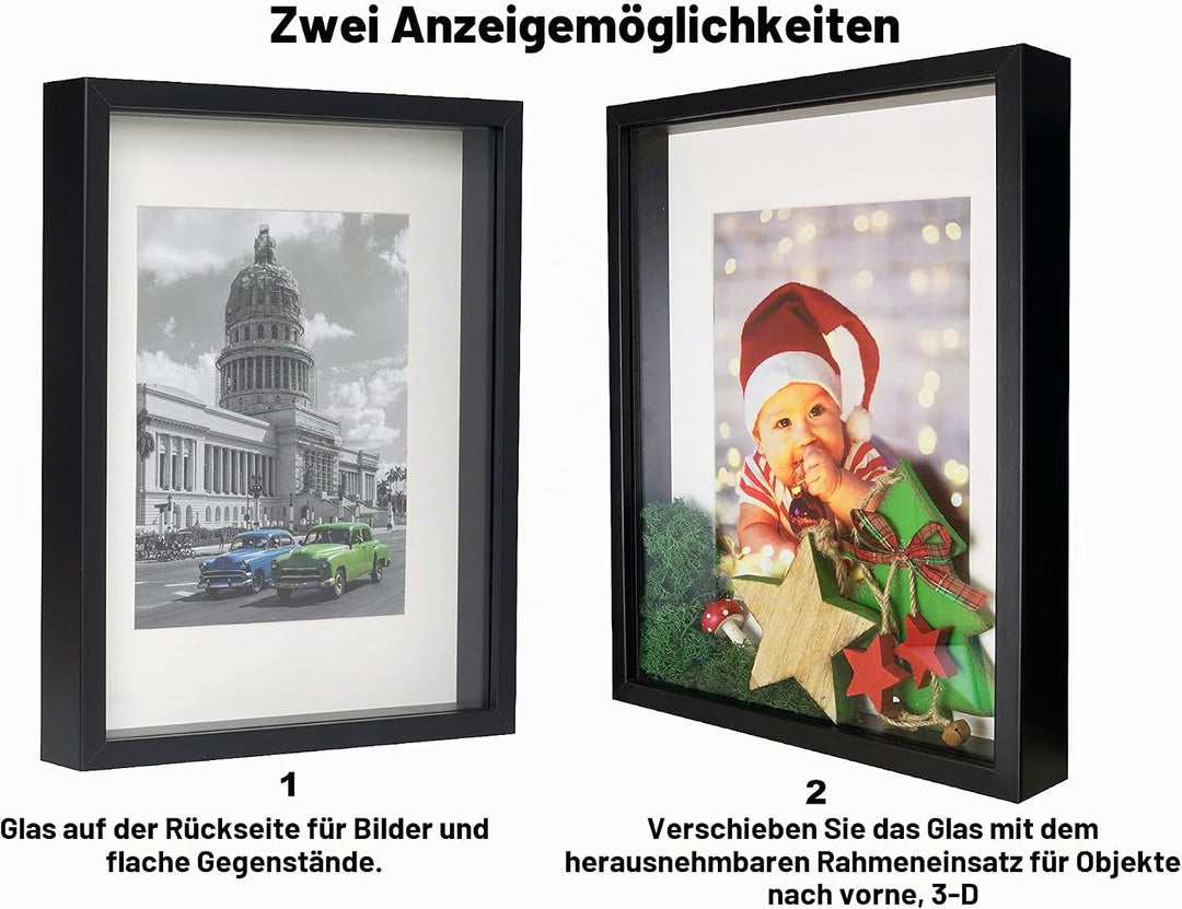BD ART 28x35 cm Box 3D Objektrahmen Bilderrahmen mit Passepartout 20x25 cm, Schwarz Rechteckiger zum