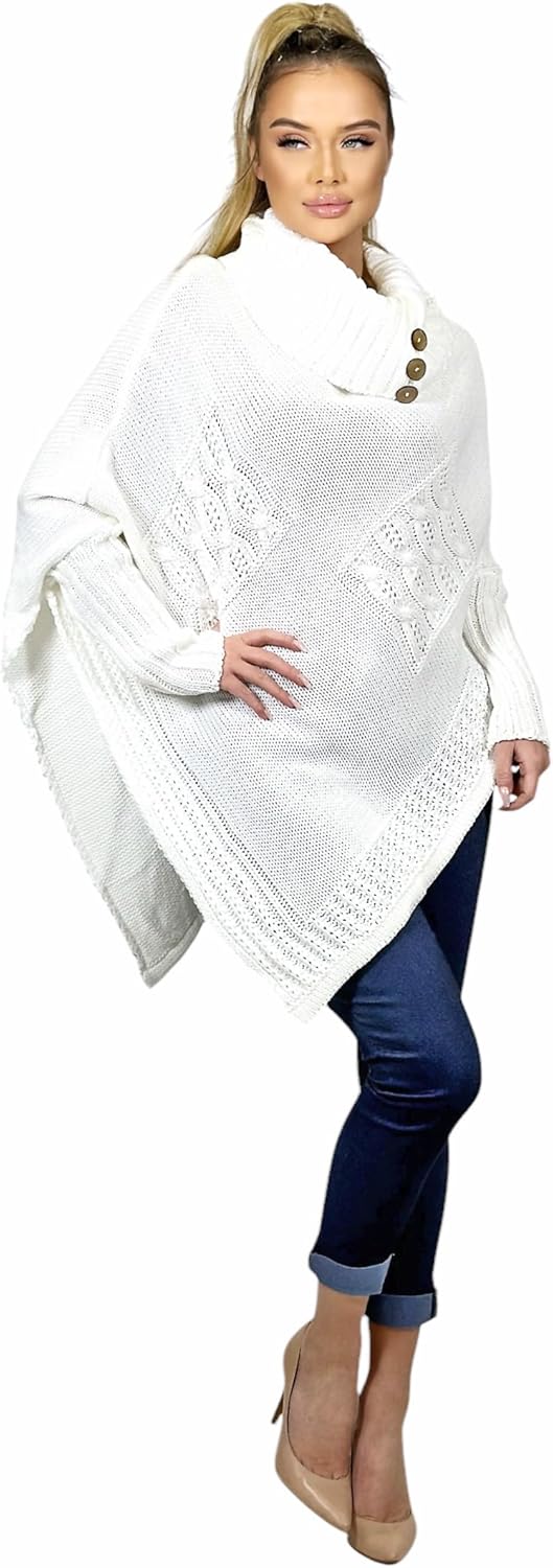 Mississhop Poncho Strick Sweatshirt Pullover Umhang Überwurf Einheitsgrösse Weiss, Einheitsgrösse We