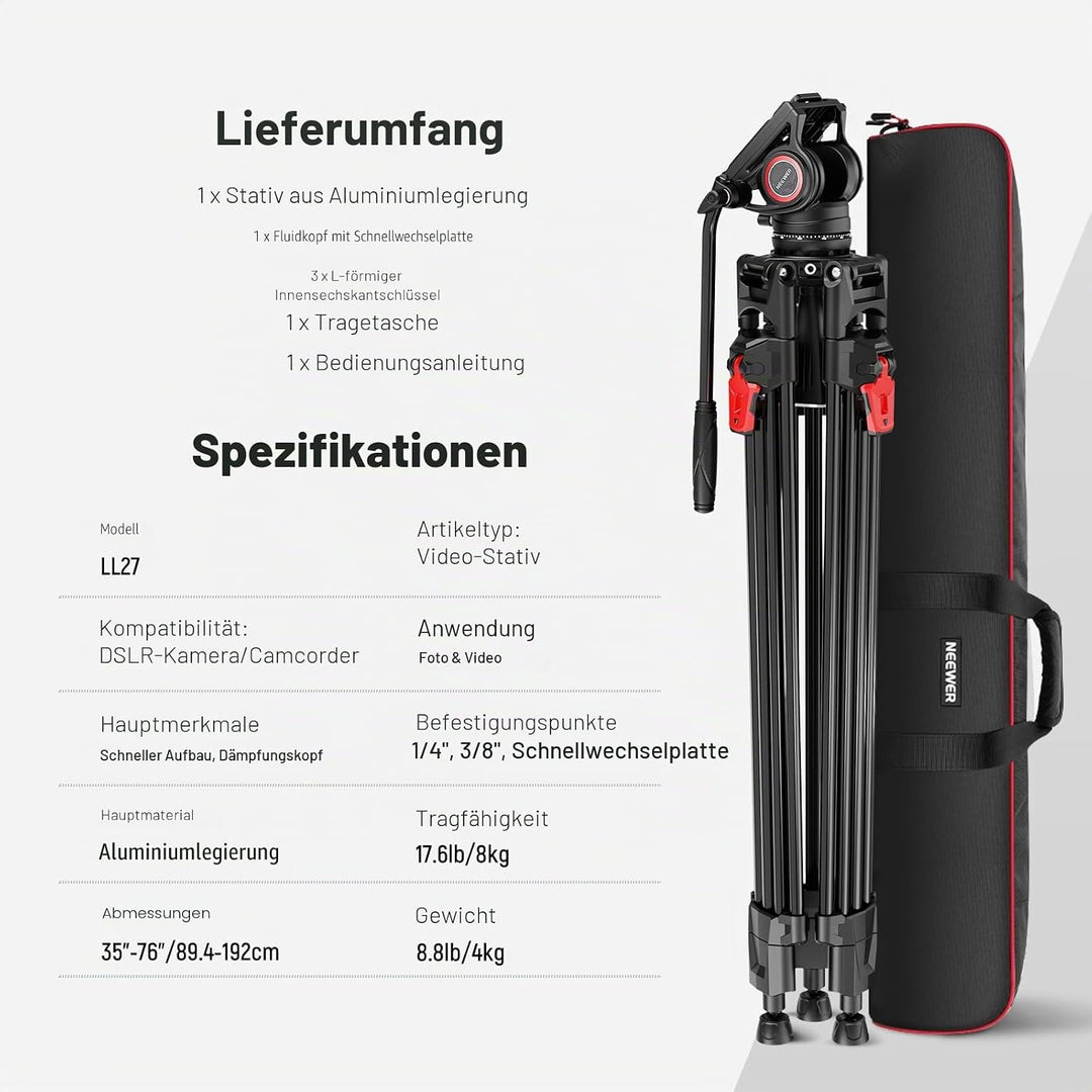 NEEWER 76“ Video Kamera Stativ mit Fluid Kopf, Aluminium Heavy Duty Stativ Stand, Dual Modus QR Plat