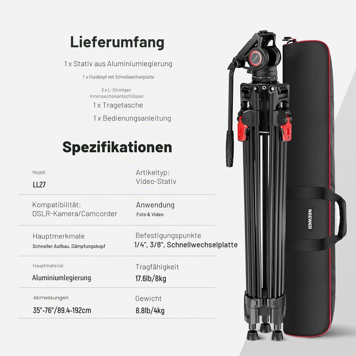 NEEWER 76“ Video Kamera Stativ mit Fluid Kopf, Aluminium Heavy Duty Stativ Stand, Dual Modus QR Plat