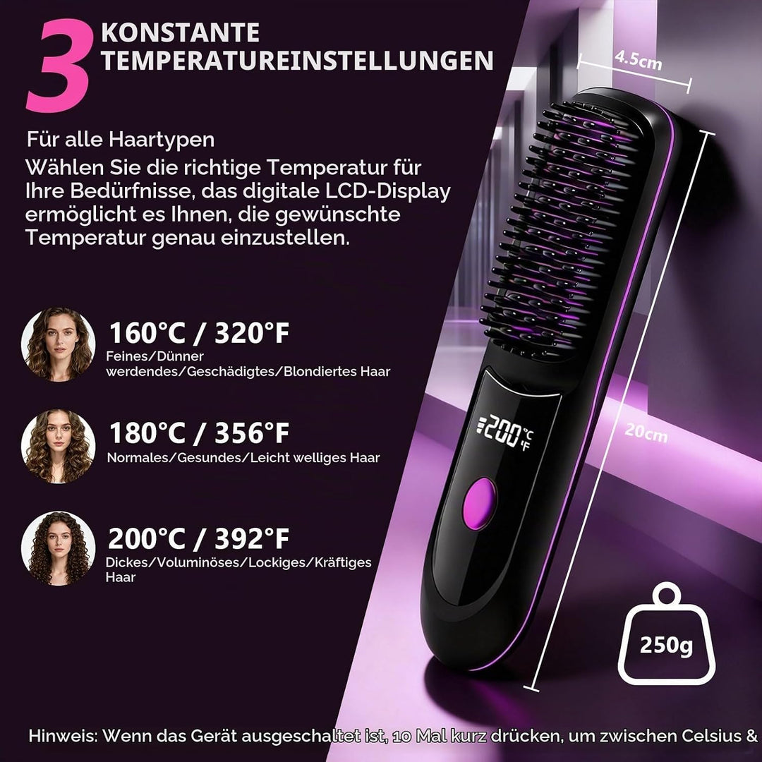 Glättbürste Kabellos, Stylingbürste für Kurze Haare, Glättbürste mit LED-Anzeige, Stylingbürste 3 Te