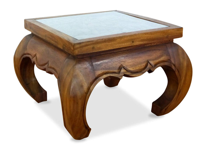 livasia Opiumtisch, Kaffeetisch, Couchtisch, Massivholztisch mit Schnitzerei u. Glasplatte (braun),