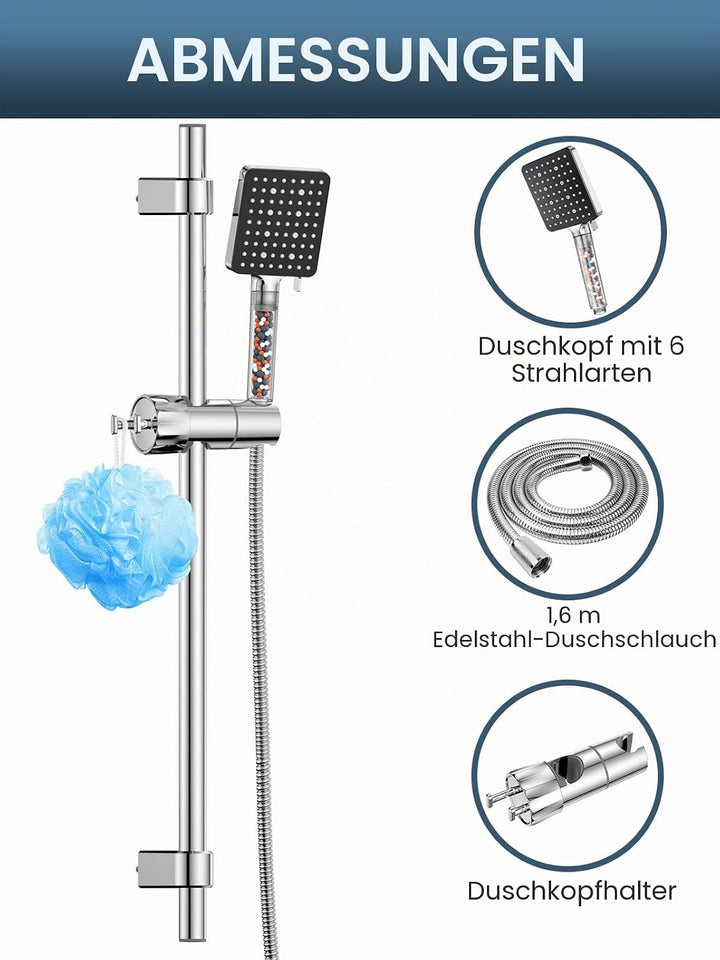 YEAUPR PRO Shower Riser Kit - quadratischer Duschkopf mit 6 Sprühmodi, Duschstange mit Duschkopf, 16
