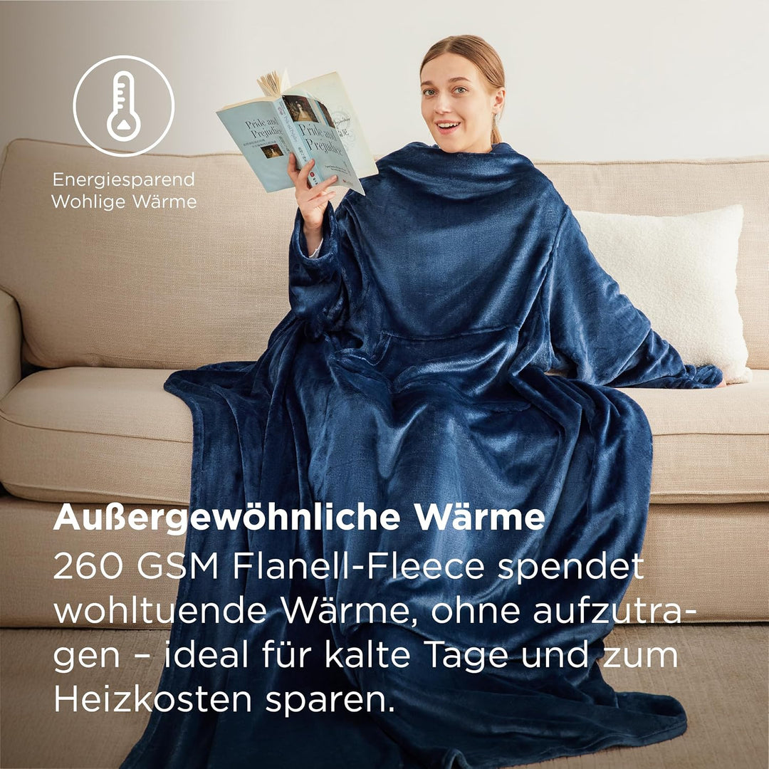 BEDSURE Decke mit Ärmeln als Geschenke für Frauen - Kuscheldecke mit Ärmeln Blau Erwachsene Ärmeldec