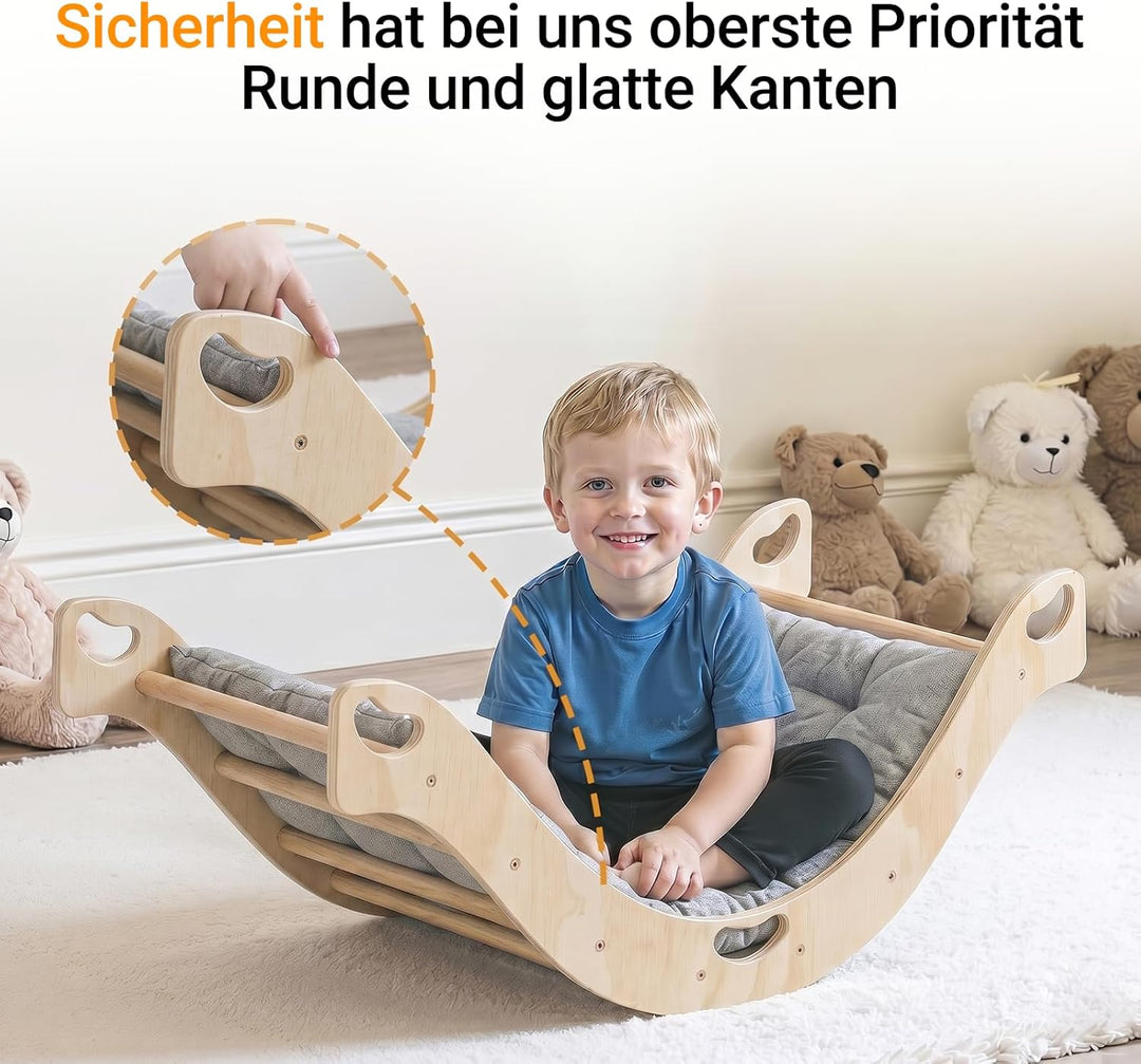 COSYLAND Montessori Kletterbogen mit Kissen, Kletterbogen ab 1 Jahr, Holzwippe für Kinder, Motorik-S