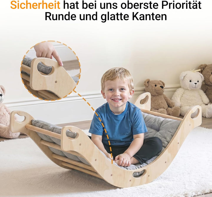 COSYLAND Montessori Kletterbogen mit Kissen, Kletterbogen ab 1 Jahr, Holzwippe für Kinder, Motorik-S