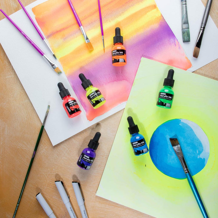 Mont Marte Acryltusche Superior, 6pc x 20ml, Fluoro-Acryl-Tinten Farben, Für feine Details und Farbw