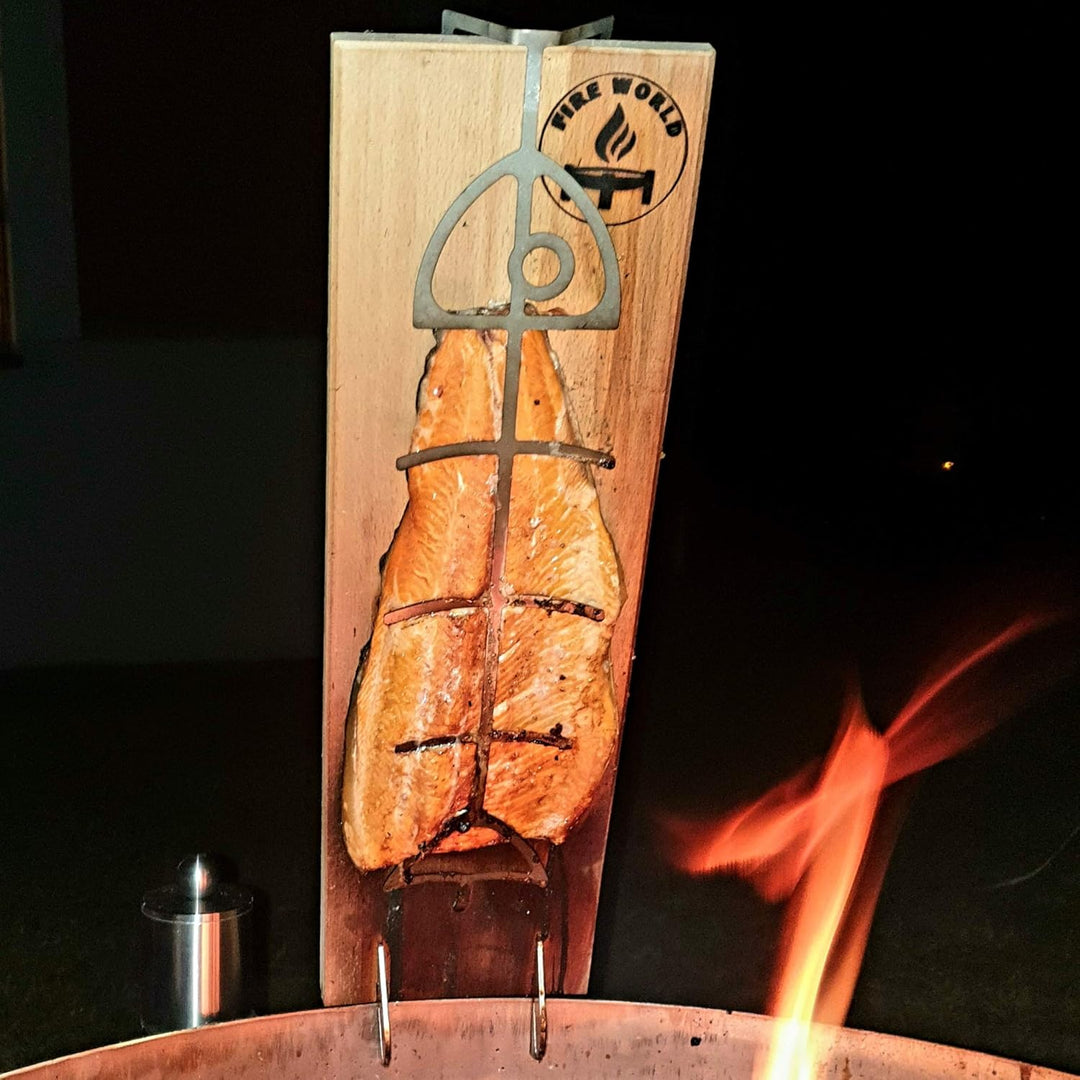 Fire World - Flammlachsbretter - 2er Set Flammlachsbrett - Flammlachsbretter mit Halterung aus Edels