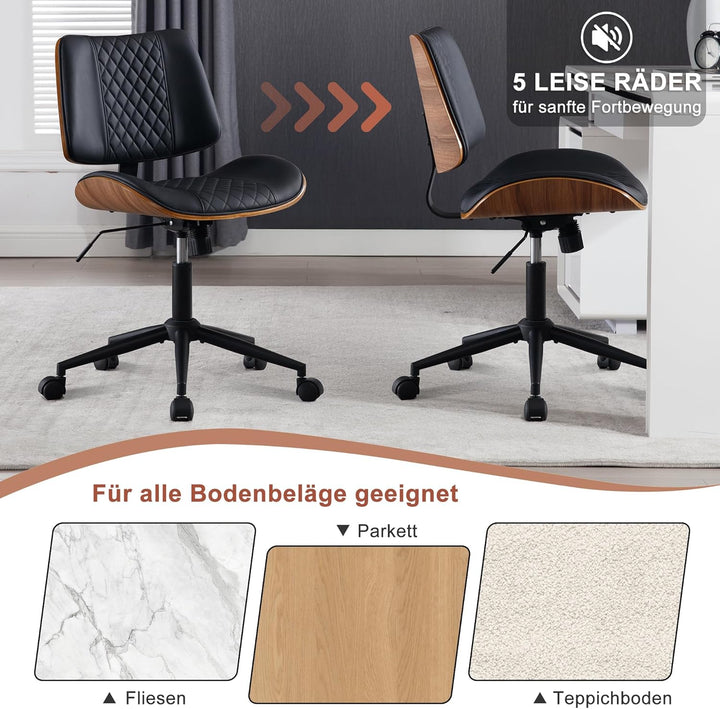Bürostuhl ohne Armlehne Schreibtischstuhl Leder Holz Modern Homeoffice Chair Wippfunktion bis 136 kg
