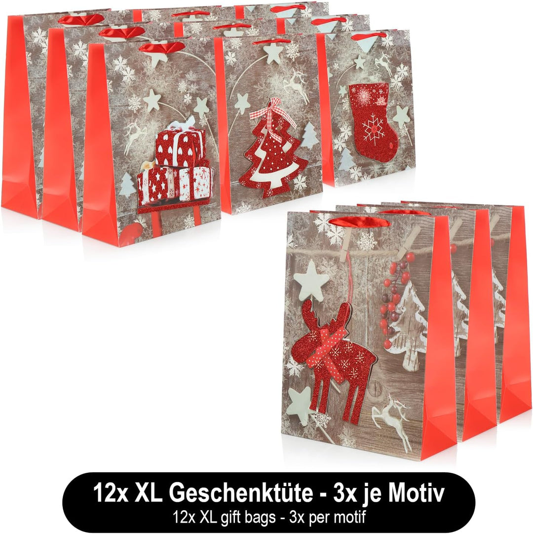 COM-FOUR® 12x XL Geschenktüte für Weihnachten, Nikolaus und Advent - Geschenktasche mit Weihnachtsmo