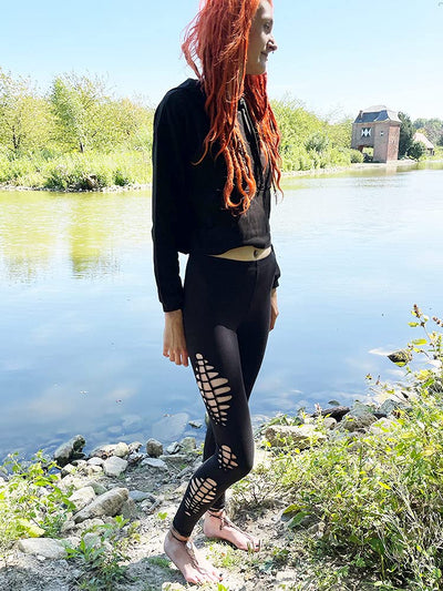 Cut Out Leggings mit 3 Mustern an jedem Bein Schlitzen Elfen Feen Goa Psychedelic Leggins (M), M