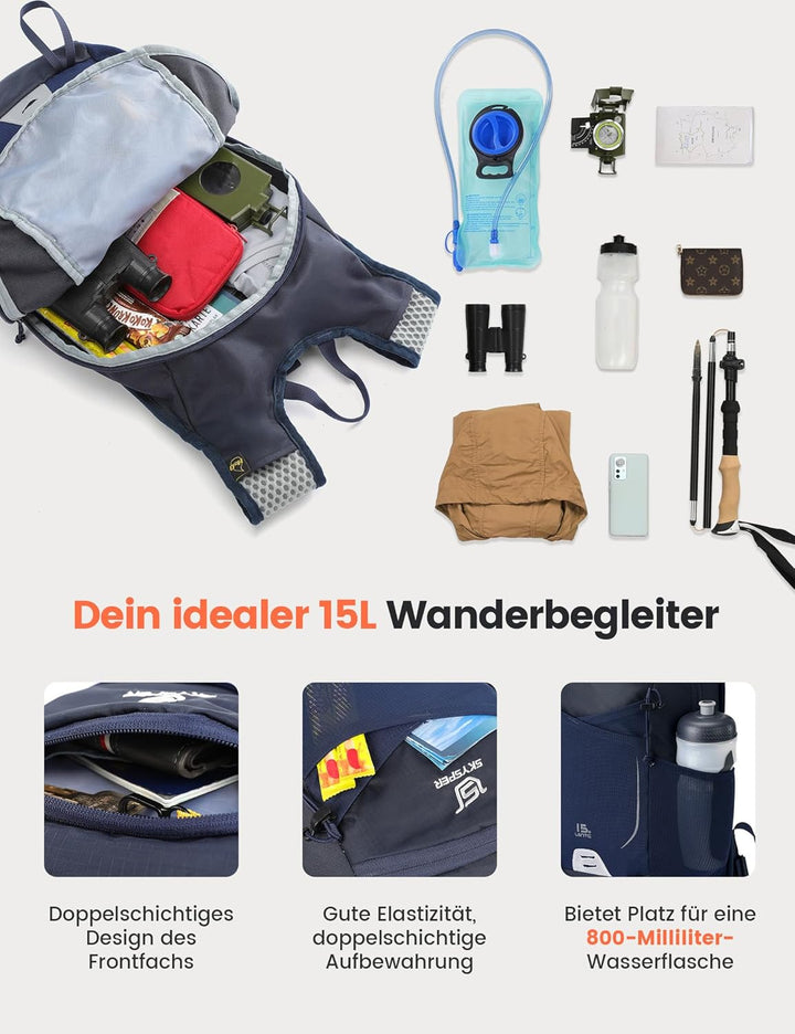 SKYSPER 15L Wanderrucksack für Herren und Damen klein Trekkingrucksack mit Netzrücken Atmungsaktiv f