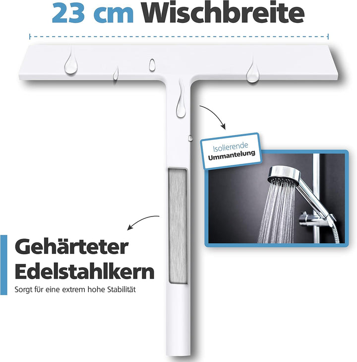 Duschabzieher Silikon Weiss 23 cm Wischbreite - Scheibenabzieher mit Halterung - Duschkabinenabziehe