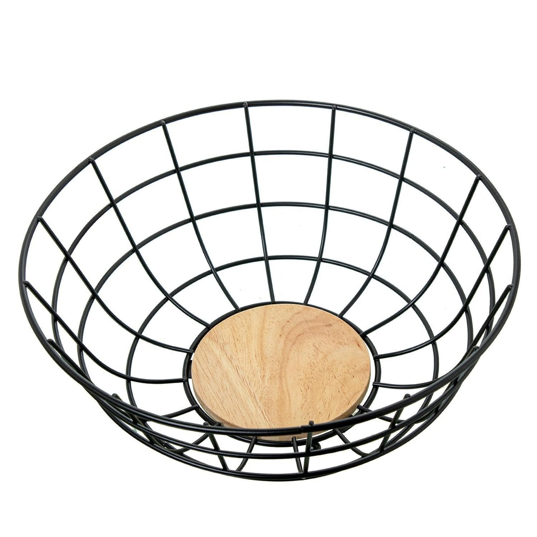 DRW Runde Obstschale aus Metall und Holz in Natur und Schwarz, 28 x 28 x 11 cm