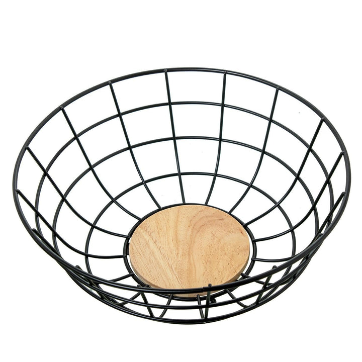 DRW Runde Obstschale aus Metall und Holz in Natur und Schwarz, 28 x 28 x 11 cm