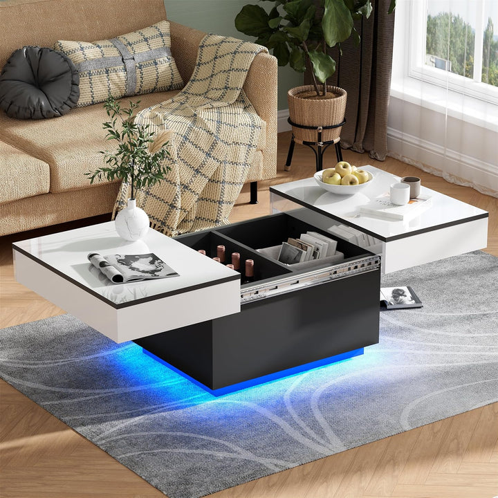 JoliJour Couchtisch Weiss Hochglanz mit LED,Ausziehbarer Couchtisch,Hochglanz-Finish,Wohnzimmertisch