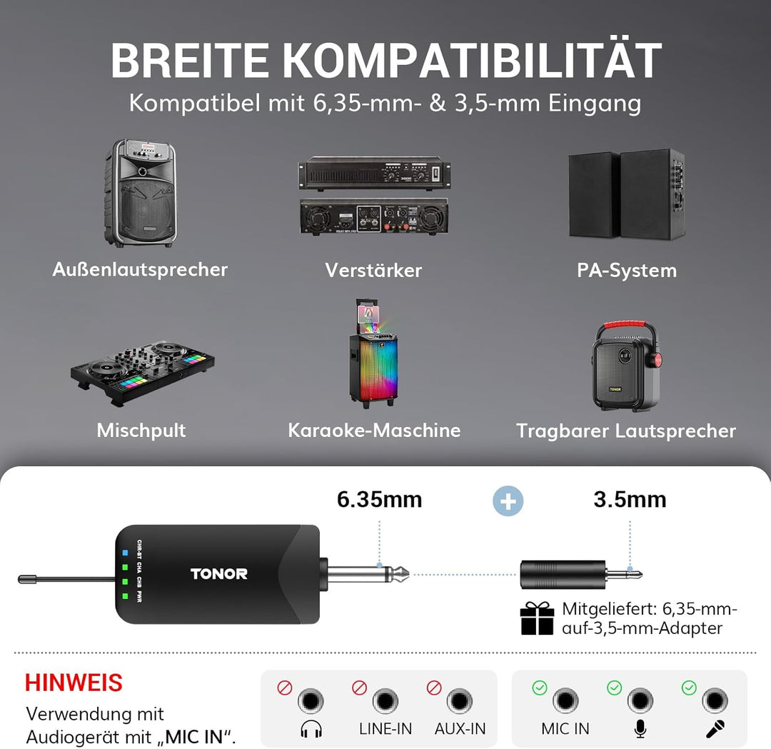 TONOR Mikrofon Kabellos, Bluetooth Wiederaufladbares Funkmikrofon, Metall UHF Drahtloses Mikrofon Se