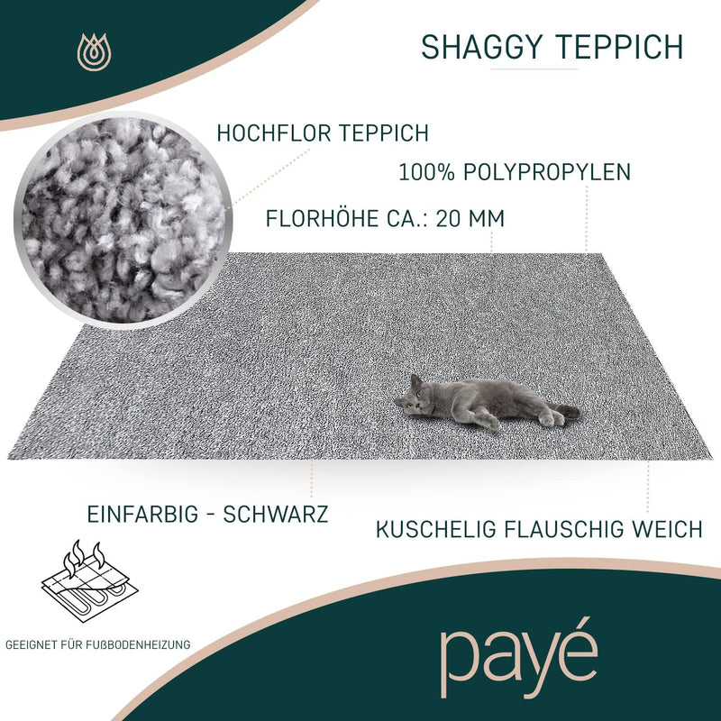 payé Teppich Wohnzimmer Hochflor Shaggy - 150x150cm - Grau Einfarbig Uni Flauschig Modern Boho Deko