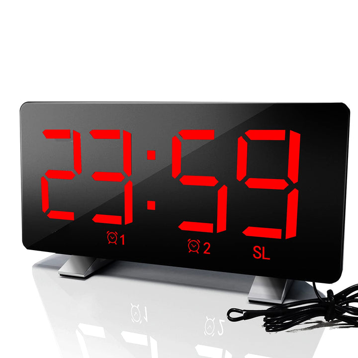 ThreeH Radio-Digitaluhr mit USB-Telefonladegerät 7,3'' LED Curved-Screen-Display mit Dimmer 2 Wecker