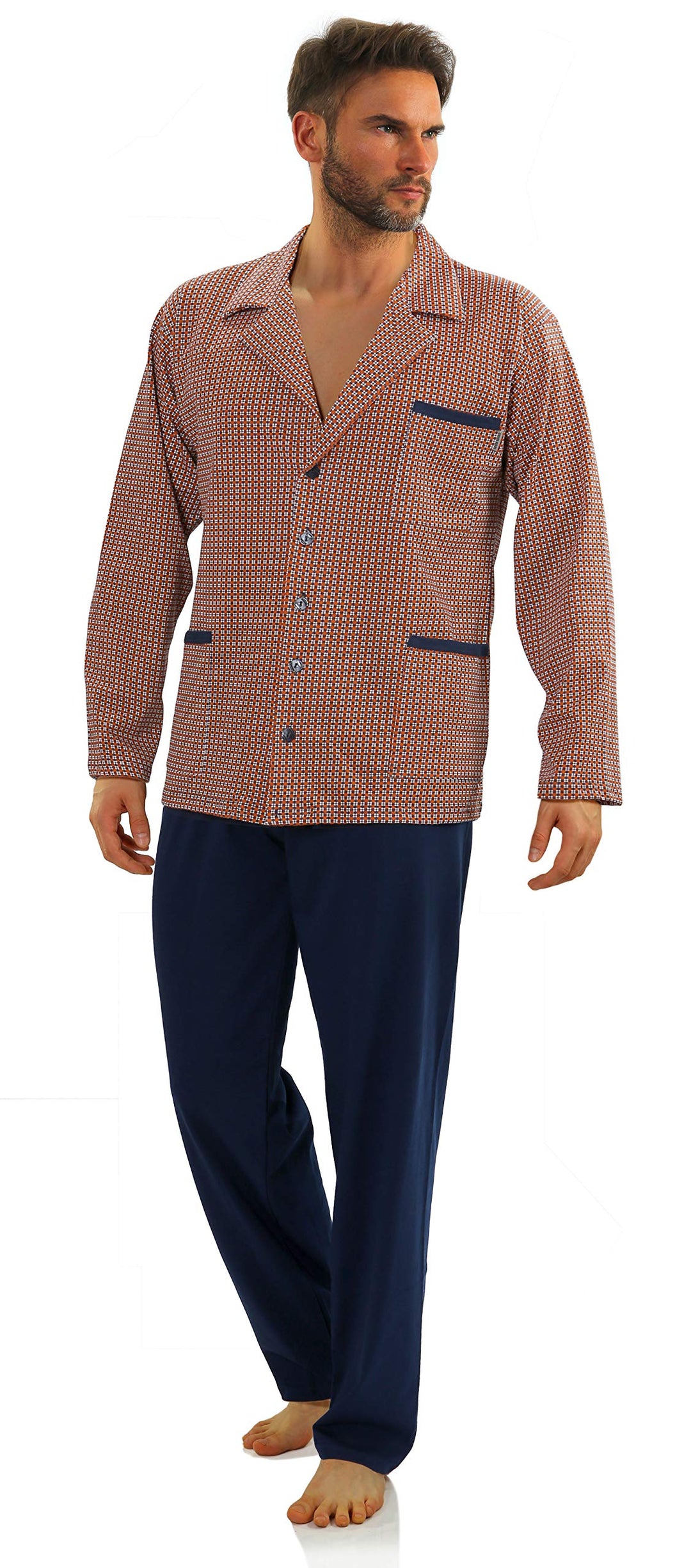 sesto senso Herren Pyjama mit Knopfleiste Lang Baumwolle Schlafanzug Knöpfen L T-shirt - Muster Brau
