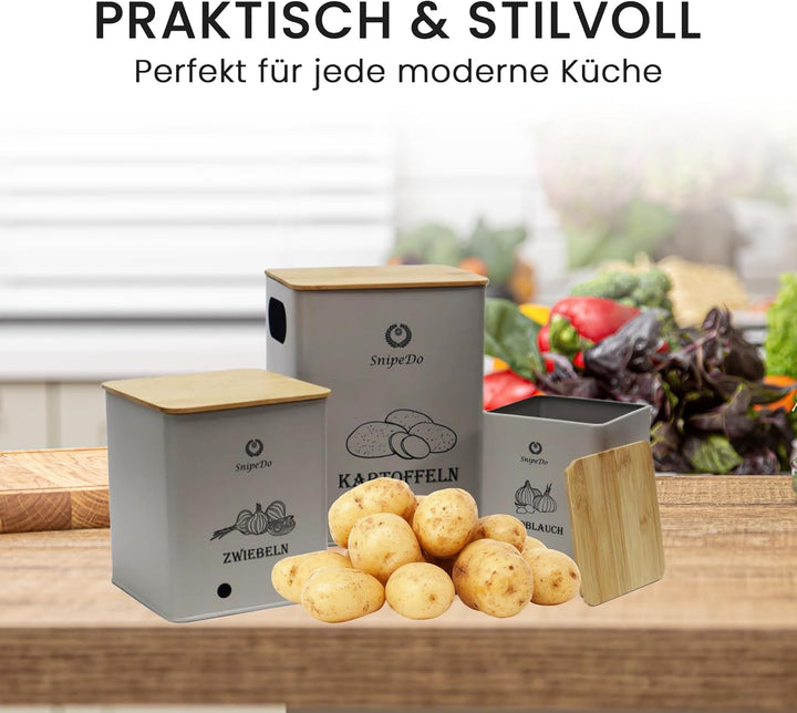 Kartoffel Aufbewahrungsbox Set – 3er Set Kartoffelbox, Zwiebel Aufbewahrung, Knoblauch Behälter – Me