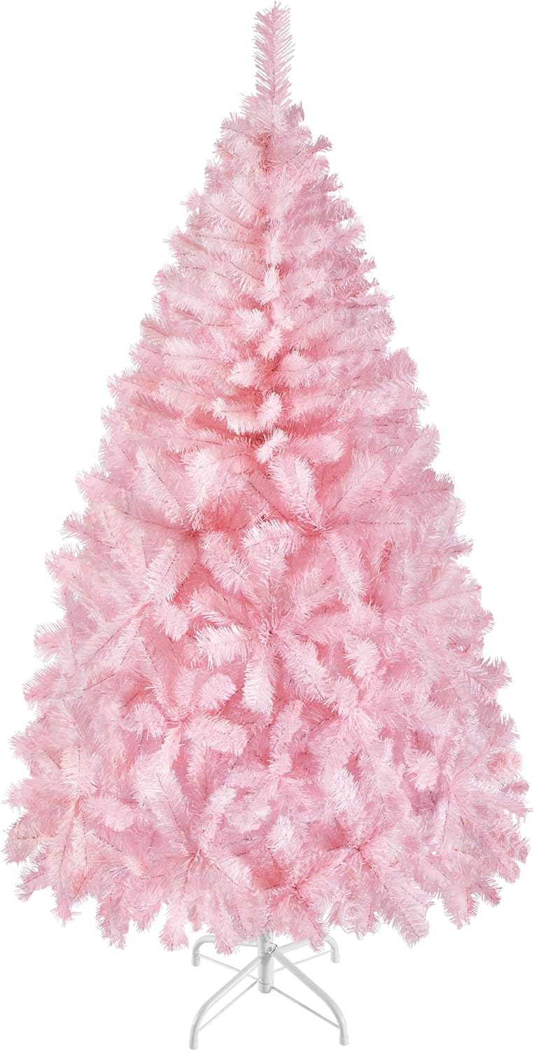 Yaheetech 183 cm Künstlicher Weihnachtsbaum Rosa, Tannenbaum mit 598 Spitzen & Faltbarem Metallständ
