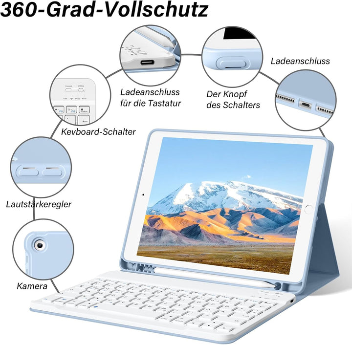 Tastatur Hülle für iPad 10,2 Zoll 9/8/7 Gen 2021/2020/2019, Blau, Blau