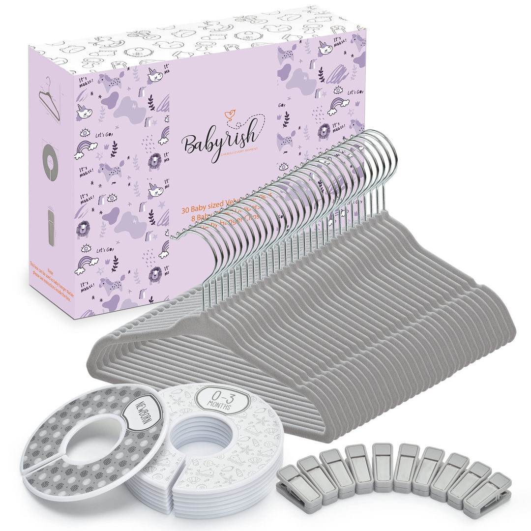 Babyrish Samt-Baby-Kleiderbügel, 10 Clips, 8 Grössenmarkierungen, 30 Stück, 27,9 cm, ultraschlanke B
