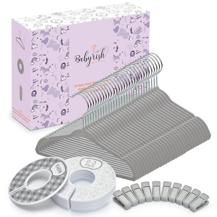 Babyrish Samt-Baby-Kleiderbügel, 10 Clips, 8 Grössenmarkierungen, 30 Stück, 27,9 cm, ultraschlanke B