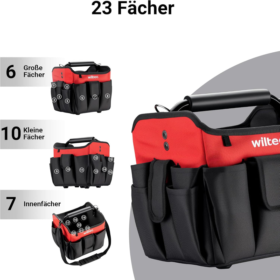 Wiltec faltbare Werkzeugtasche 25 x 23 x 28 cm bis 25 kg, Werkzeug Tasche 23 Fächer, Arbeitstasche m